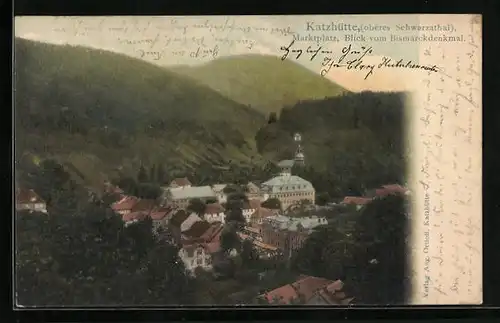 AK Katzhütte im oberen Schwarzathal, Marktplatz, Blick vom Bismarckdenkmal