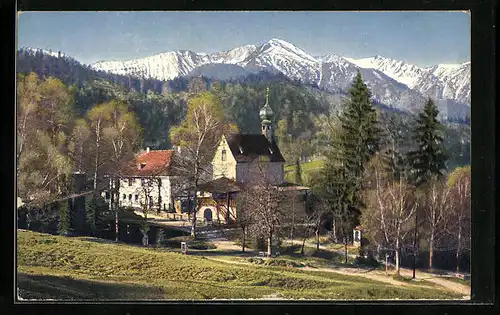 AK Birkenstein, Blick zur Kapelle und die schneebedeckten Berge