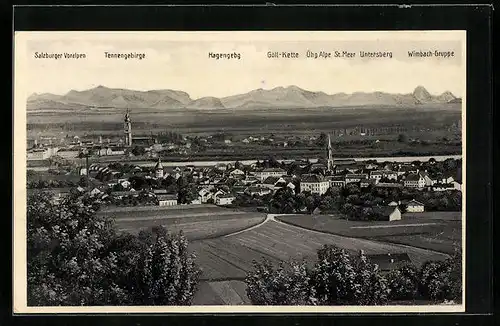 AK Simbach a. Inn, Generalansicht mit Salzburger Voralpen, Hagengeb., Wimbach-Gruppe und Untersberg