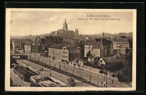 AK Cleve, Blick vom Kanalufer auf die Stadt und die Schwanenburg