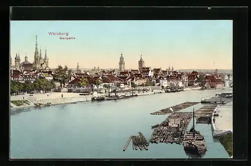 AK Würzburg, Uferanlagen am Main, Blick zum Dom und auf die Stadt
