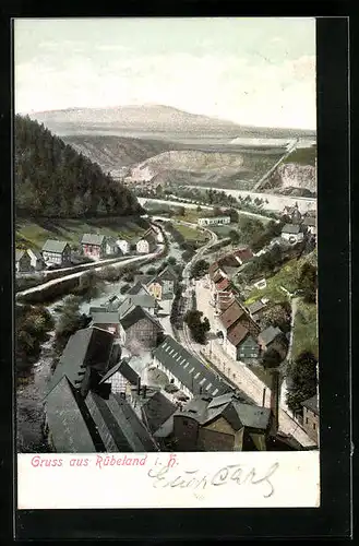 AK Rübeland i. H., Blick über den kleinen Ort im Tal entlang der Bahnstrecke