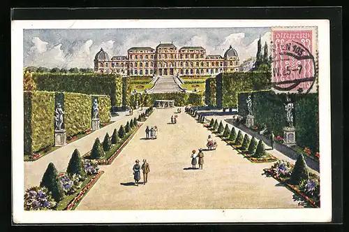 Künstler-AK Wien, Passanten im Park des Schlosses Belvedere