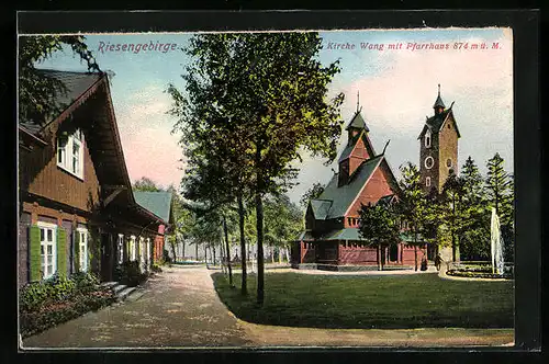 AK Wang im Riesengebirge, die Kirche mit dem Pfarrhaus