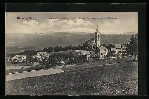 AK Schreiberhau im Riesengebirge, Ortsansicht mit K. Kirche, Schneegruben und Reitträger