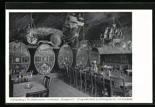 AK Königsberg i. Ostpr., Historisches Weinlokal Blutgericht, die grosse Halle zu Anfang des 20. Jahrhunderts