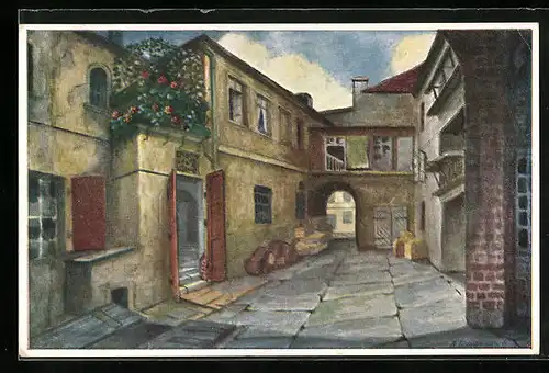 Künstler-AK Breslau, Blick auf den Hof, Links Sabinezimmer mit Balkon