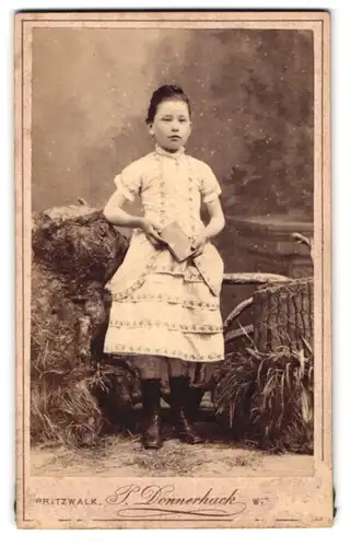 Fotografie P. Donnerhack, Pritzwalk, Junges Mädchen im Kleid mit einem Buch