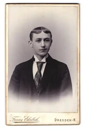 Fotografie Franz Ehrlich, Dresden, Königsbrücker-Str. 105, Junger Bursche mit Mittelscheitel trägt karierte Krawatte