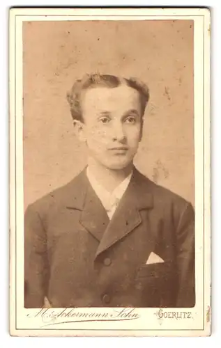 Fotografie M. Ackermann / Sohn, Goerlitz, Schützenstr. 2, Junger Mann mit gewelltem Haar trägt ein Einstecktuch