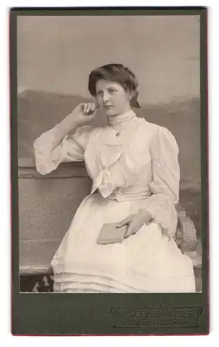 Fotografie C. Seeber Nachf. Paul Hartmann, Oberwiesa, Frau in weissem Kleid sitzt auf Bank und hält ein Buch
