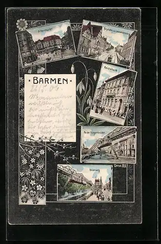 AK Barmen, Altermarkt, Bergbahn und Louisenstrasse, Reichsbank, Neuerweg