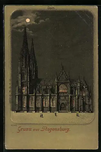 Mondschein-Lithographie Regensburg, Dom bei Nacht