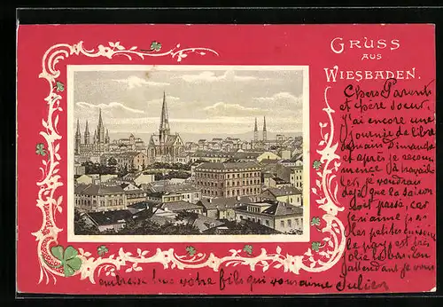 Passepartout-Lithographie Wiesbaden, Teilansicht mit Kirche