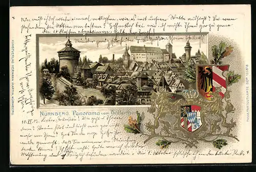 Passepartout-Lithographie Nürnberg, Panorama vom Hallertor, Wappen