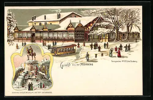 Winter-Lithographie Duisburg, Gasthaus Monning mit Strassenbahn, Denkmal Kaiser Wilhelm I. auf dem Kaiserberg