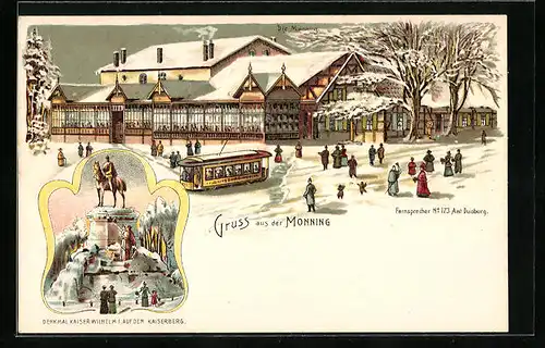Winter-Lithographie Duisburg, Gasthaus Monning mit Strassenbahn, Denkmal Kaiser Wilhelm I. auf dem Kaiserberg