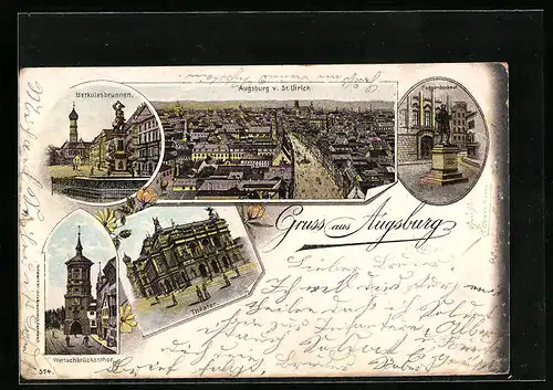 Lithographie Augsburg, Theater, Wertachbrückentor, Herkulesbrunnen