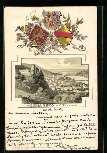 Passepartout-Lithographie Heidelberg, Teilansicht v. d. Terrasse aus gesehen, Wappen