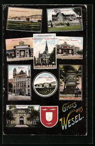 AK Wesel, Rhein-Eisenbahnbrücke, Rathaus, Citadelltor