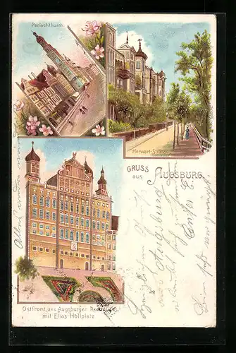 Lithographie Augsburg, Ostfront des Augsburger Rathauses mit Elias-Hollplatz, Perlachturm, Herwart-Strasse