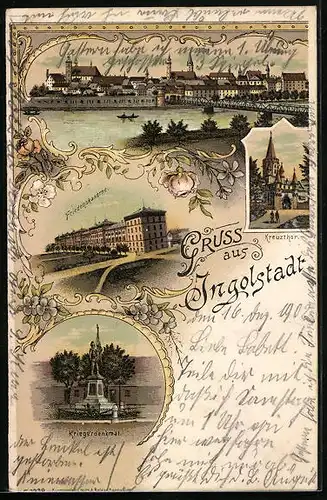 Lithographie Ingolstadt, Friedenskaserne, Kreuztor, Kriegerdenkmal