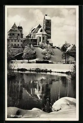 AK Gablingen, Uferpartie mit Kirche im Winter