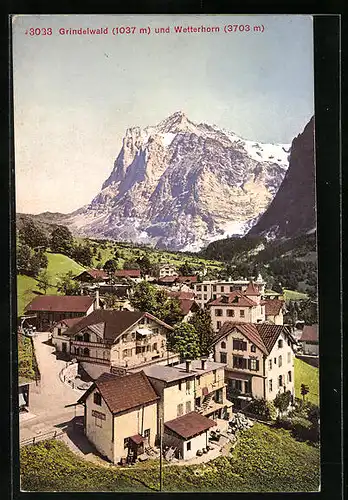 AK Grindelwald, Ortsansicht gegen Wetterhorn