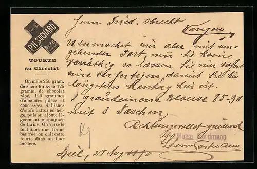 Vorläufer-AK Neuchatel, 1890, Chocolat Suchard, Tourte au Chocolat