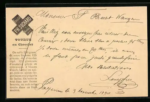 Vorläufer-AK Neuchatel, 1890, Chocolat Suchard, Tourte au Chocolat