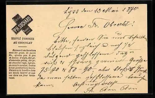 Vorläufer-AK Neuchatel, 1890, Chocolat Suchard, Soufflé d`amandes au chocolat