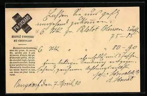 Vorläufer-AK Neuchatel, 1890, Chocolat Suchard, Soufflé d`amandes au chocolat