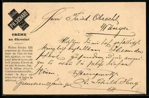 Vorläufer-AK Neuchatel, 1890, Chocolat Suchard, Creme au chocolat