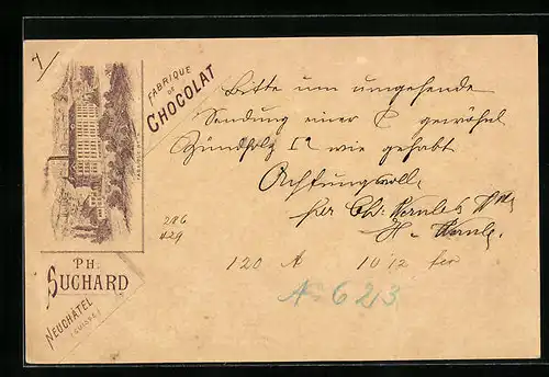Vorläufer-Lithographie Neuchatel, 1893, Chocolat Suchard, Fabrique de chocolat No. 5