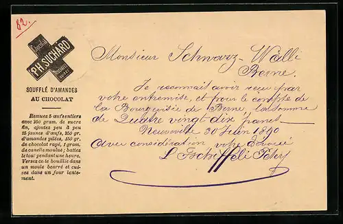 Vorläufer-AK Neuchatel, 1890, Chocolat Suchard, Soufflé d`amandes au chocolat
