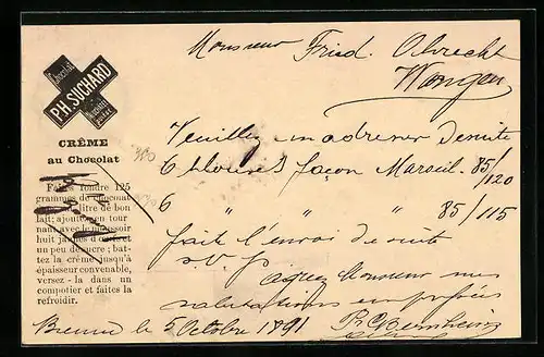 Vorläufer-AK Neuchatel, 1891, Chocolat Suchard, Creme au chocolat