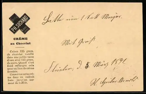 Vorläufer-AK Neuchatel, 1891, Creme au chocolat, Ph. Suchard
