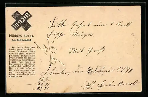 Vorläufer-AK Neuchatel, 1890, Chocolat Suchard, Pudding Royal au Chocolat