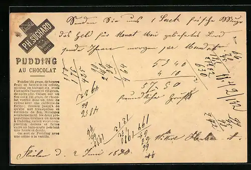 Vorläufer-AK Neuchatel, 1890, Chocolat Suchard, Pudding au Chocolat