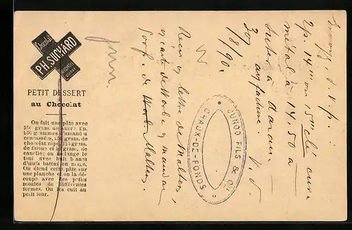 Vorläufer-AK Neuchatel, 1890, Chocolat Suchard, Petit Dessert au Chocolat