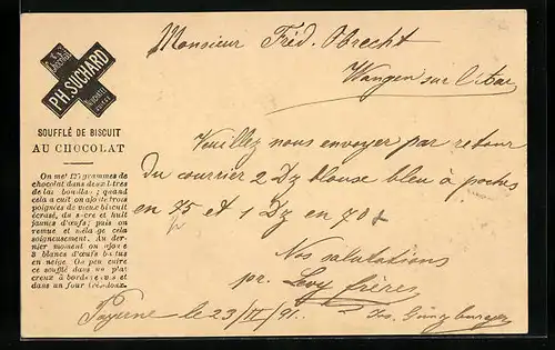 Vorläufer-AK Neuchatel, 1891, Chocolat Suchard, Soufflé de Biscuit au Chocolat