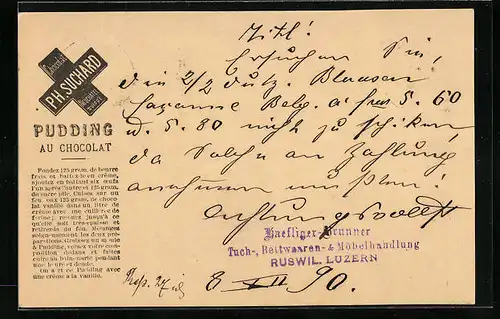 Vorläufer-AK Neuchatel, 1890, Chocolat Suchard, Pudding au Chocolat