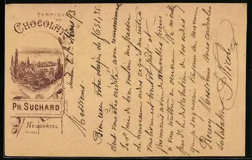 Vorläufer-Lithographie Neuchatel, 1893, Chocolat Suchard, Fabrique Serrieres