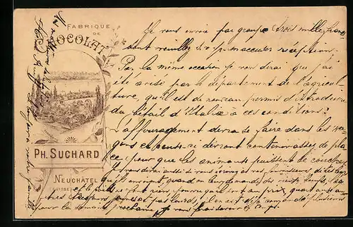 Vorläufer-Lithographie Neuchatel, 1894, Chocolat Suchard, Fabrique Serrieres