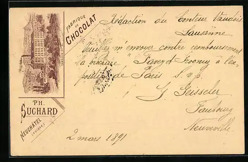 Vorläufer-Lithographie Neuchatel, 1891, Chocolat Suchard, Fabrique No. 5