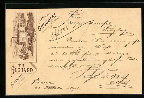 Vorläufer-Lithographie Neuchatel, 1892, Chocolat Suchard, Fabrique No. 5