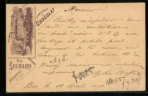 Vorläufer-Lithographie Neuchatel, 1891, Fabrique de Chocolat Suchard No. 5