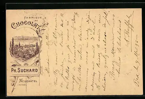 Vorläufer-Lithographie Neuchatel, 1893, Fabrique de Chocolat Suchard, Serrieres