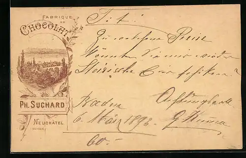 Vorläufer-Lithographie Neuchatel, 1893, Fabrique de Chocolat Suchard, Serrieres