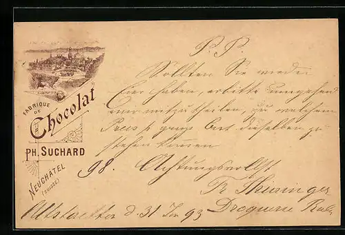 Vorläufer-Lithographie Neuchatel, 1893, Fabrique de Chocolat Suchard, Habitation